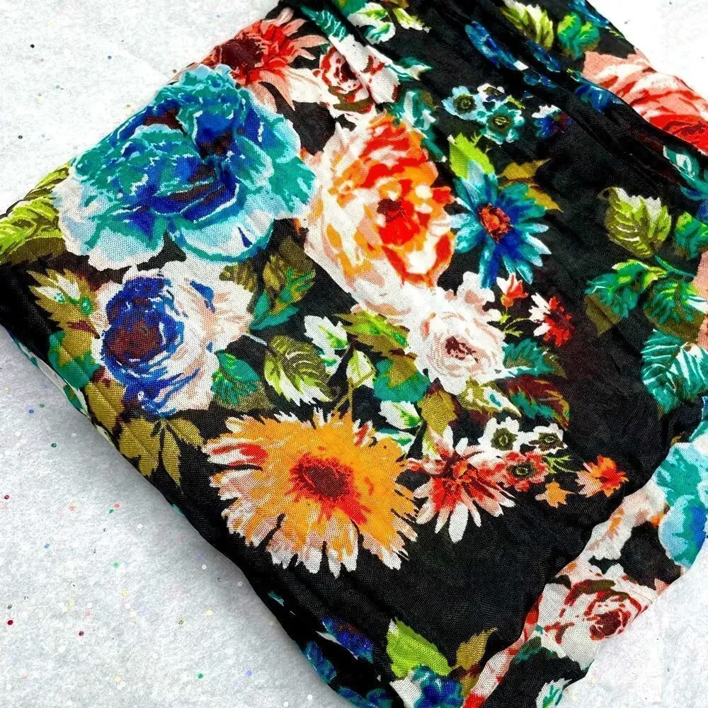 Scarf, Wrap l Black splashed with flowers l 72 x 24 l EUC